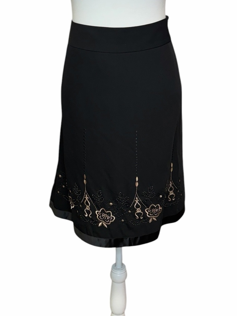 Loft Black A-Line Skirt with Cream Embroidered Hem